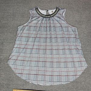 Speechless Women’s Plaid Sleeveless Top Beaded Neckline Gray Petite PM Boho Chic